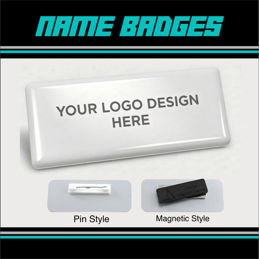 Name badge design template with customizable text and two style options on a white background.